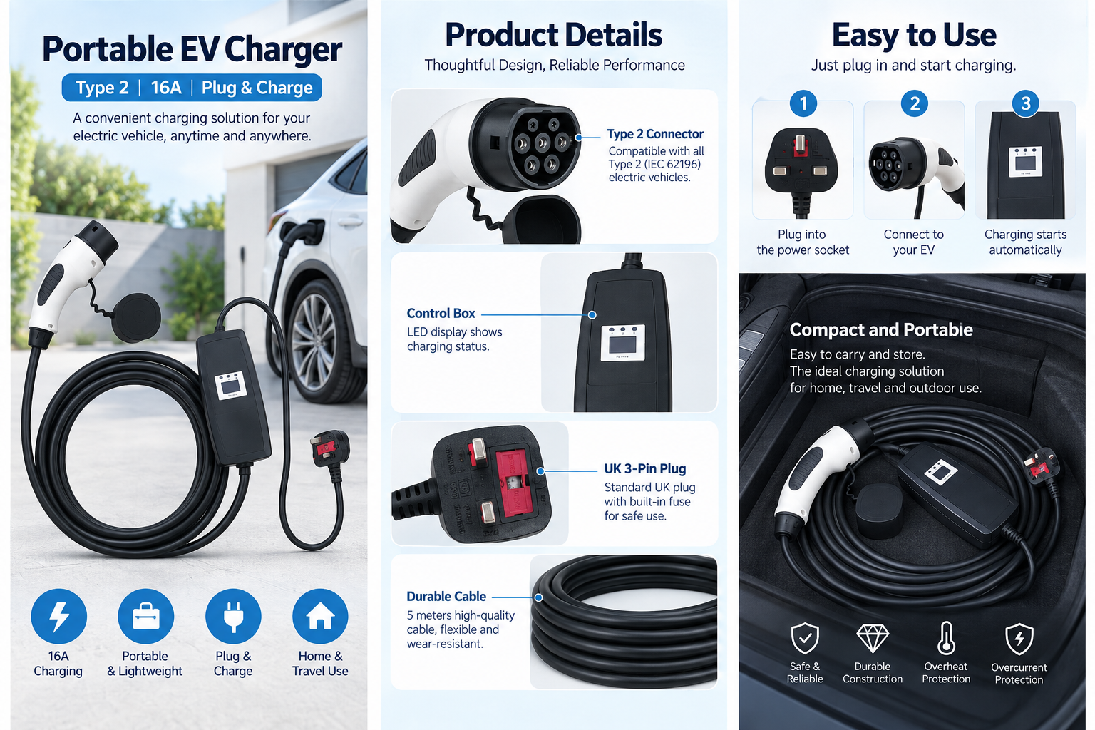 Portable Type 2 EV charger with 6-16A adjustable current and charging cable