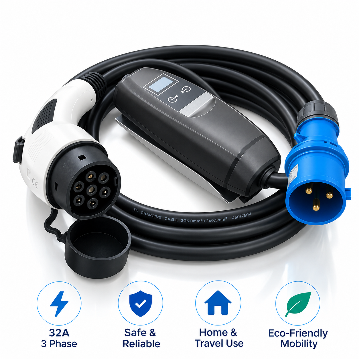 32A 3 Phase Type 2 Portable EV Charger with CEE Plug