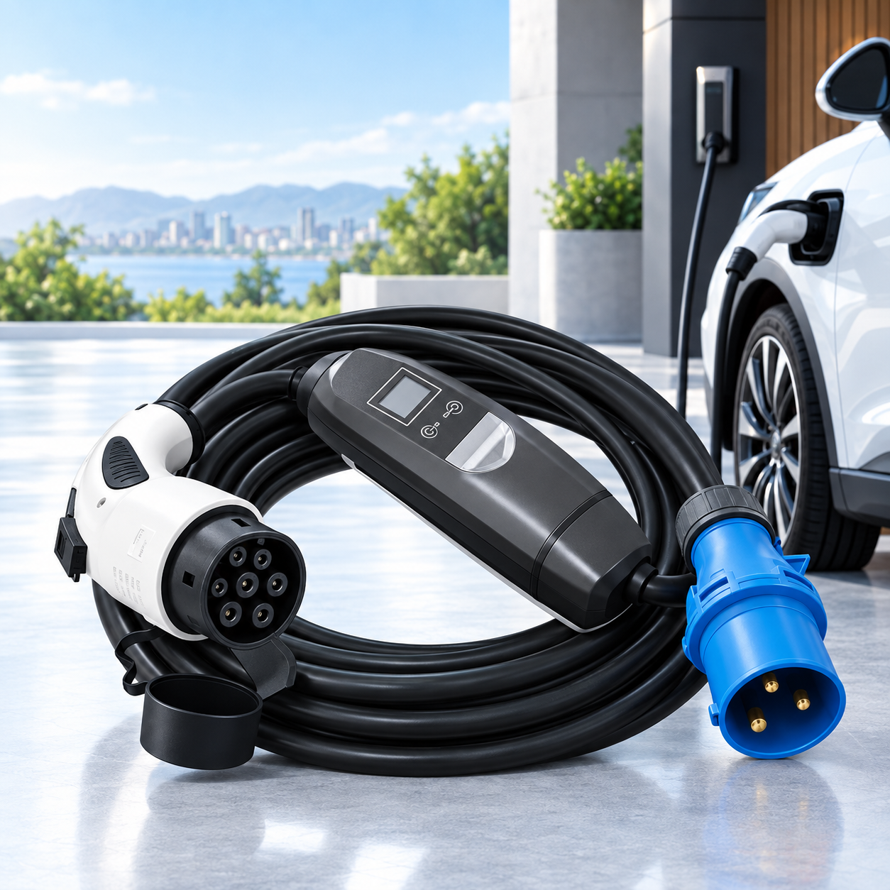 Cargador portátil junto a un vehículo eléctrico en un espacio exterior