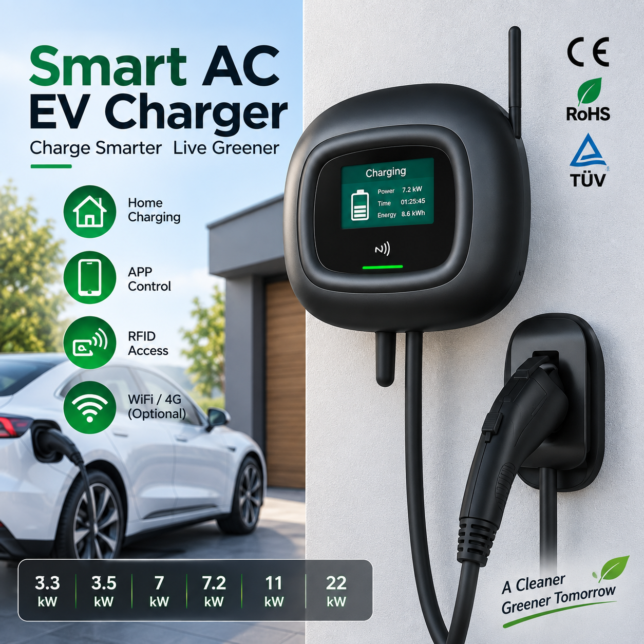 Coche eléctrico y equipo de carga en un entorno residencial