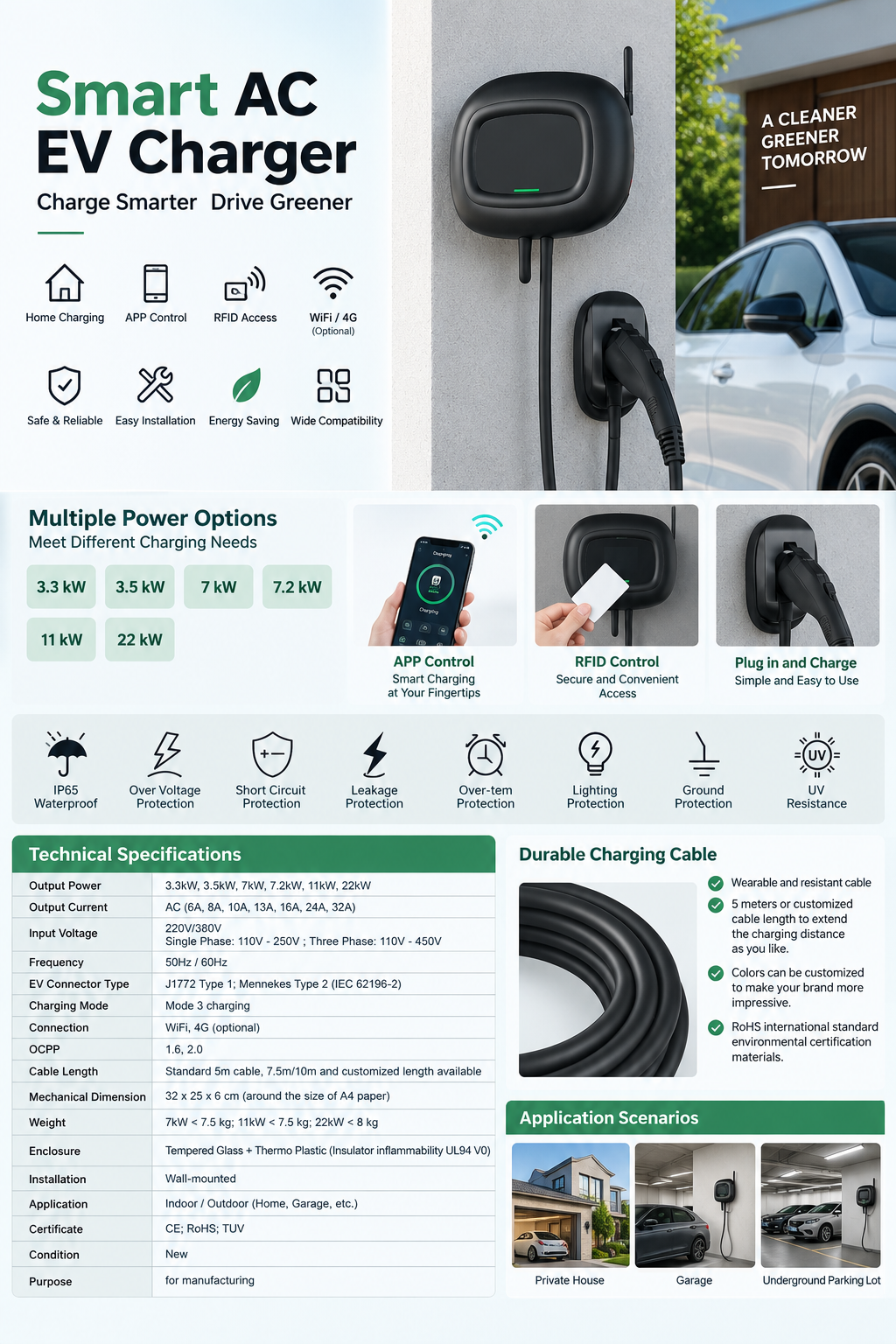 Smart AC EV Charger Wallbox Home Garage EV Charging Station Wall mounted home EV charger for private house garage and underground parking