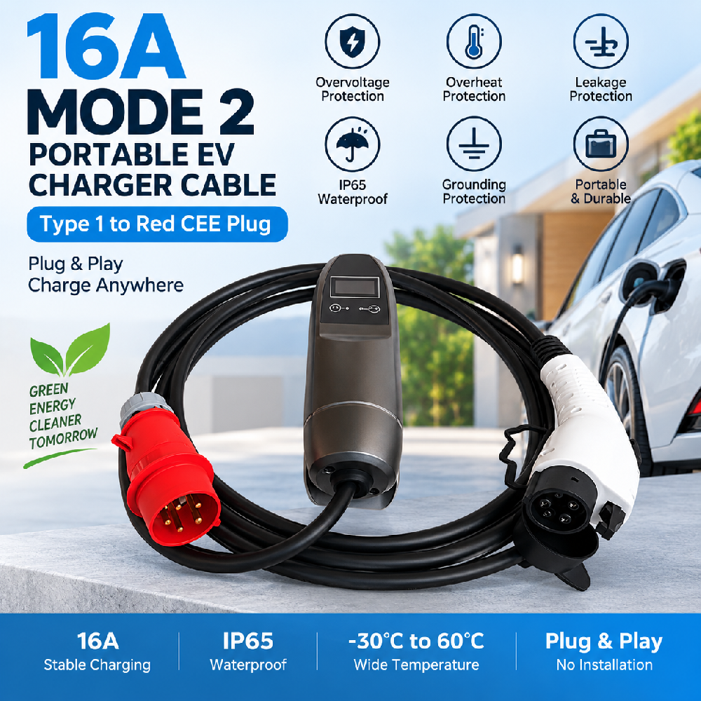 16A Type 1 to Red CEE Plug Mode 2 Portable EV Charger Cable