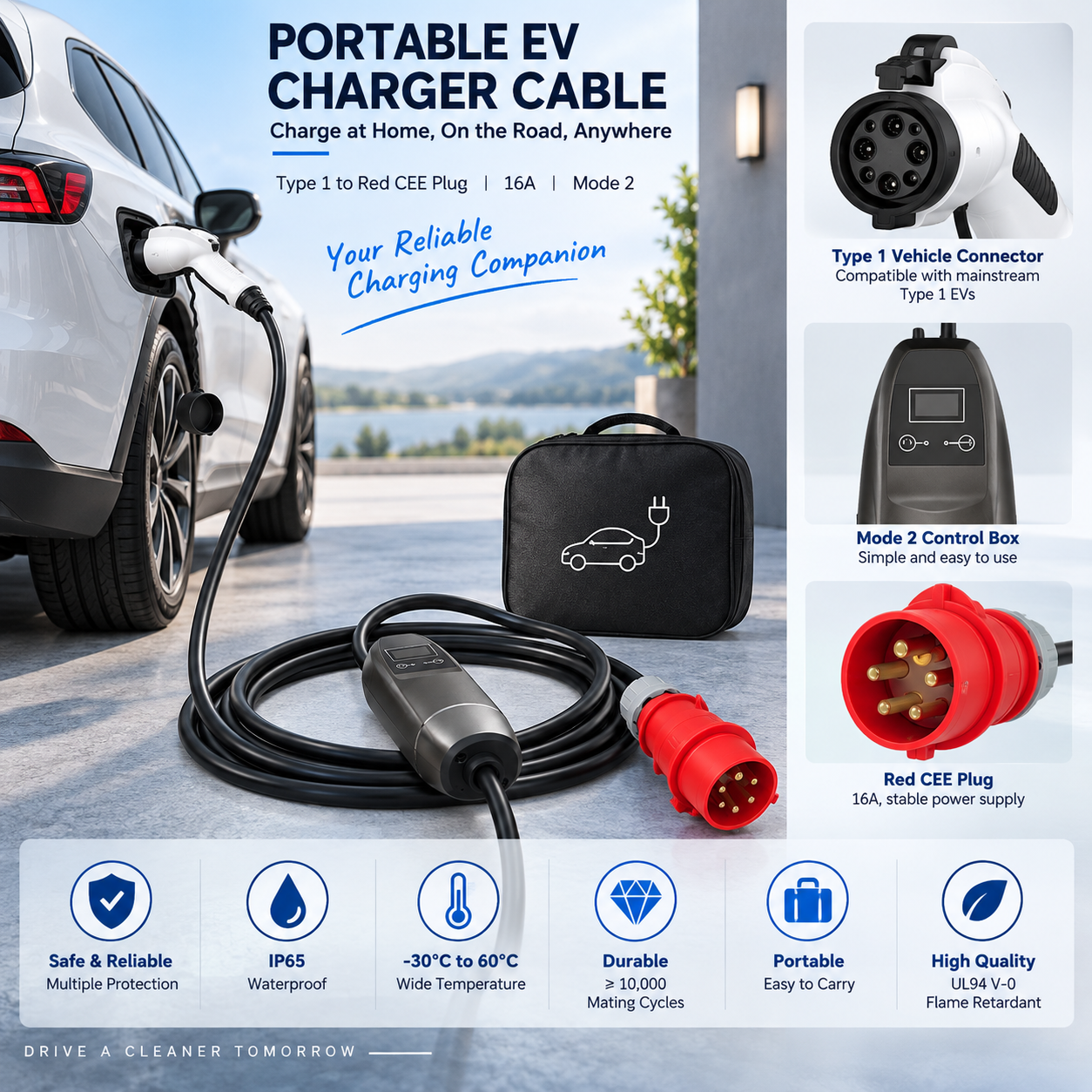 16A Type1 Portable EV Charger Product Closeup 16A Type1 portable EV charger product detail view